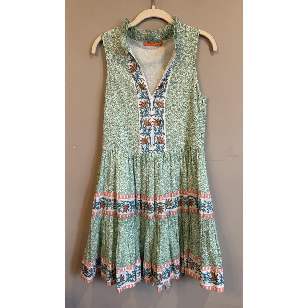 Oliphant Mint Greet Ruffle V Neck Tiered Mini Dress XS Cotton